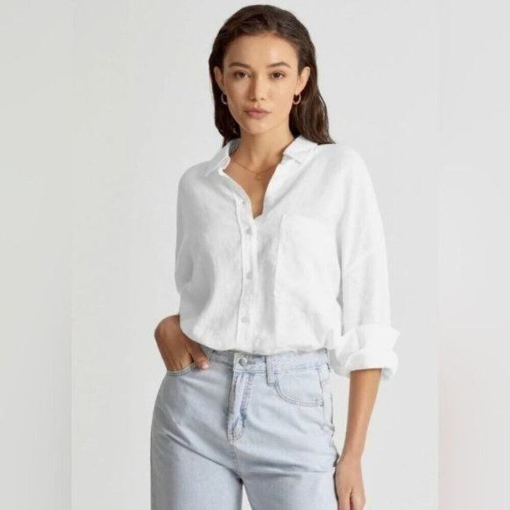 Commense White Linen Button-Up Blouse